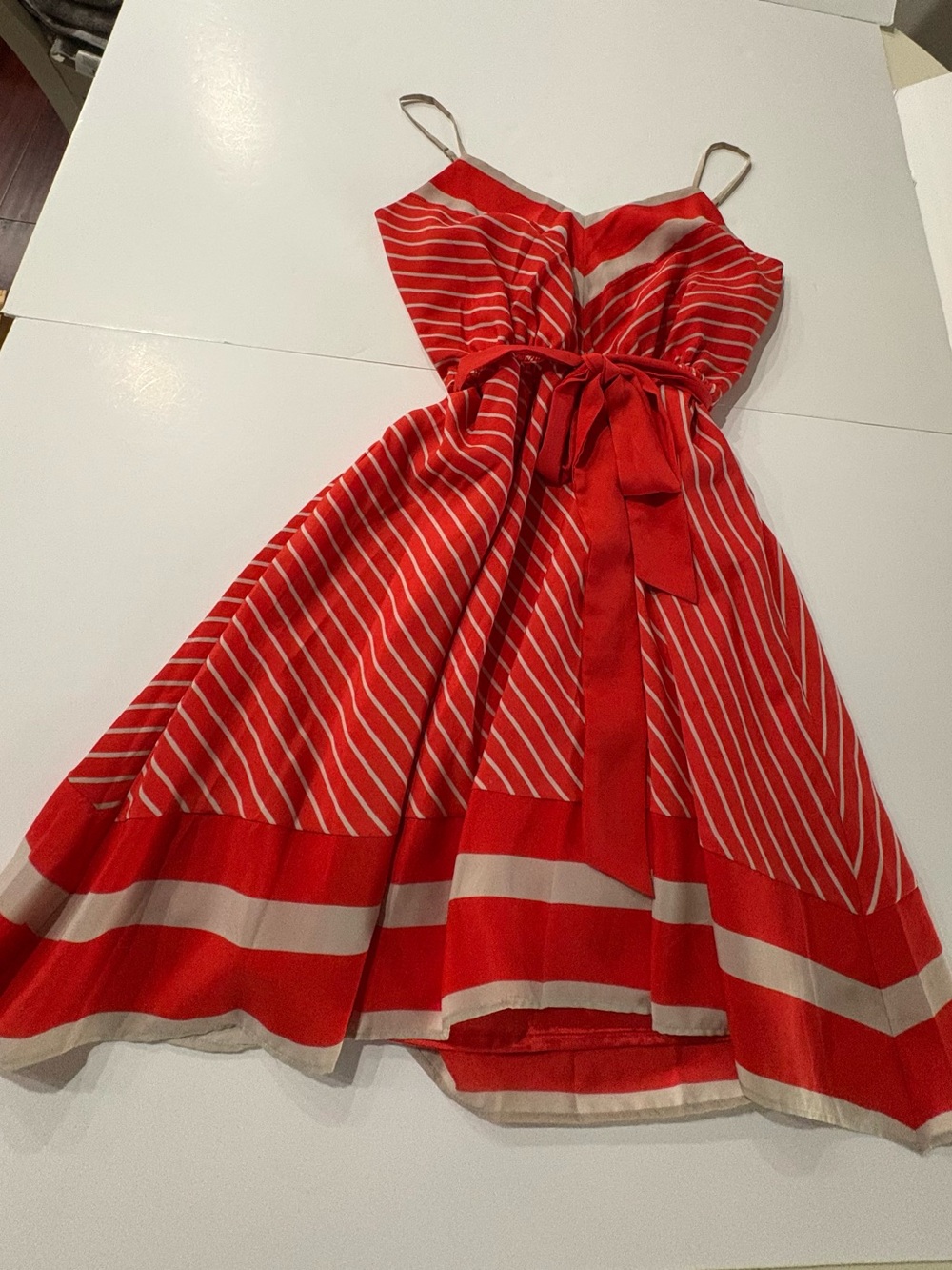 Express women’s  orange and tan Striped Dress with spaghetti straps & Waist Tie
